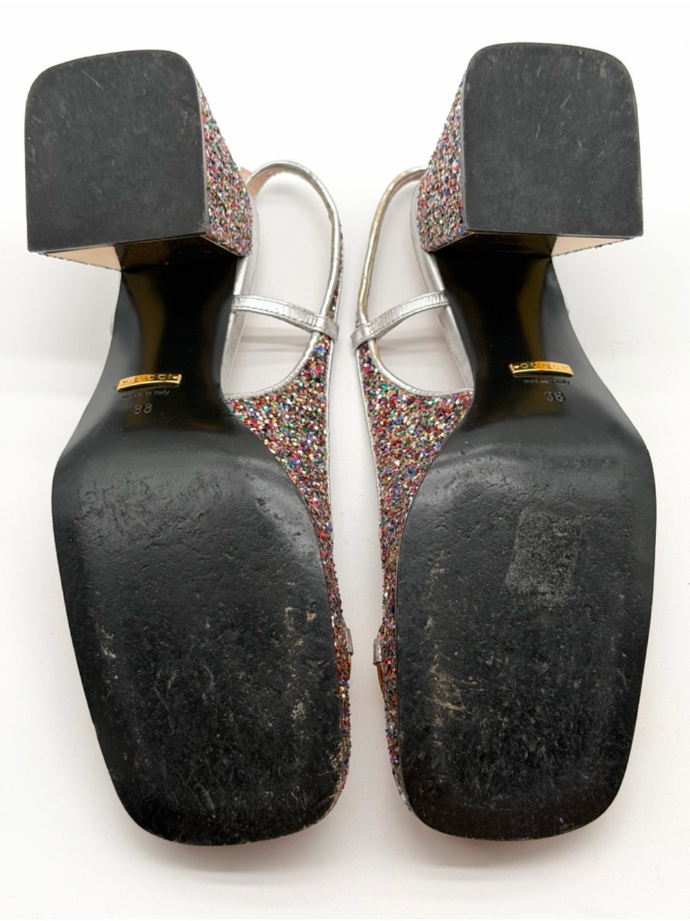 Gucci Baby Horsebit Multicolor Glittered Leather Slingback Block Heel Pumps EU38 - Picture 11 of 14